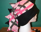 REDUCED 25% Pink & Black Plaid Dragon/Dinosaur Fleece Hat