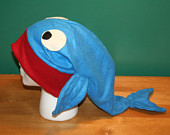 Oh No, A Fish Is Eating My Head - Fleece Winter Ski Hat Blue Red Fish Whale