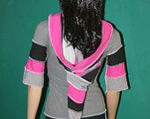 REDUCED 25% Punk Rock Upcycled T-Shirt Dress Pink Black Gray Long Liripipe Hood Stripes Size Small Teen Adult Women