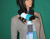 Upcycled Scarf Blue LONG Repurposed Fashion Winter Warm Patchwork